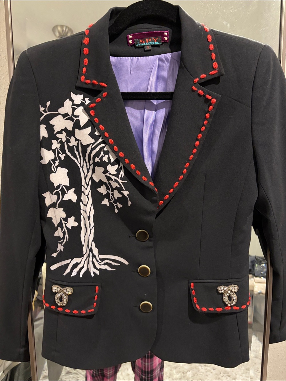 Espresso Embroidered Tree Blazer with Red Trim by I.C.P.Y.